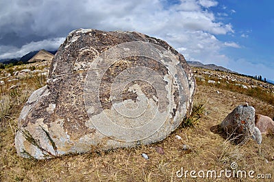 Neolithic petroglyphs rock paintings depicting fighting of two mountain goats,Issyk-Kul lake, Kyrgyzstan,Central Asia Stock Photo