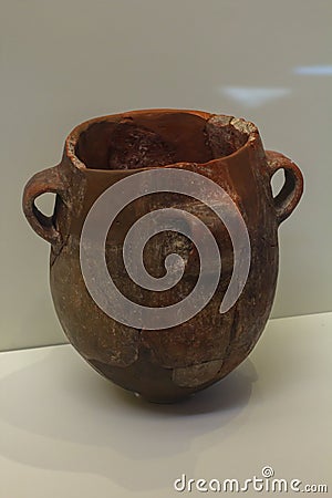 Neolithic stone jar from the island of Mochlos: Heraklion Archaeological Museum exhibit from 6000 BCE to the pre-Palatial period Editorial Stock Photo