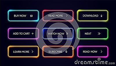 Neom web button. Glow modern colorful action buttons. Vector buy now download read more banner set Vector Illustration