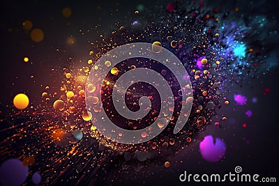 Neon abstract background with small flying particles, confetti and drops, generative AI Stock Photo