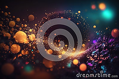 Neon abstract background with small flying particles, confetti and drops, generative AI Stock Photo