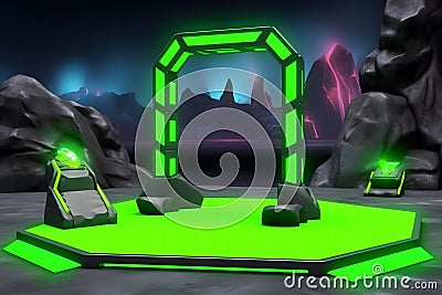 neon abstract frame podium with glowing square frame and cobblestone rocks ruins. Neural network AI generated Stock Photo