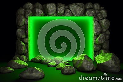 neon abstract frame podium with glowing square frame and cobblestone rocks ruins. Neural network AI generated Stock Photo