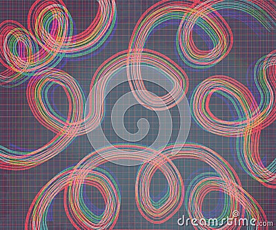 neon abstract pink lines that look like a telephone wire on a dark blue background that looks like a checkered notepad Cartoon Illustration