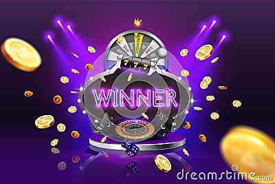 Neon advertising sign winner with casino elaments Vector Illustration
