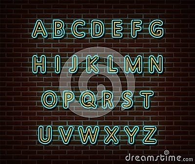 Neon alphabet type font vector isolated on brick wall. ABC typography letters light symbol, decoration text effect. Neon alphabet Cartoon Illustration