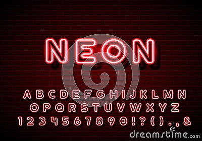 Neon alphabet typeset. Neon glow letters set on brick wall background. Vector Illustration