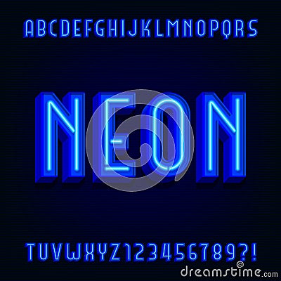 Neon alphabet vector font. 3D type letters with blue neon tubes and shadows. Vector Illustration