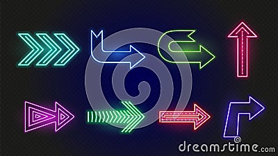 Neon arrows. Bright glowing arrow signs. Outside lights of night bar. Vector lighting directional elements Vector Illustration