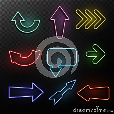 Neon arrows. Bright light direction arrow frames. Casino, night club and cinema glowing outside signs vintage vector Vector Illustration