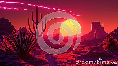 A neon art installation featuring a desert sun setting behind a cactus creating a surreal ambiance Stock Photo