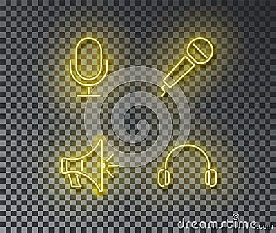 Neon audio signs vector isolated on brick wall. Microphone, radio, speaker, earphone light symbol, d Vector Illustration