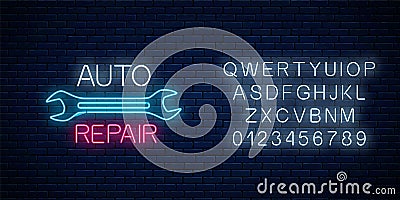 Neon auto repair shop sign with alphabet. Glowing night advertising symbol of vehicle repair station Vector Illustration