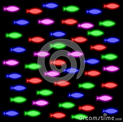 Neon background fishes glowing in colors swimming abstract animal art design pattern illustration red blue pink green Cartoon Illustration