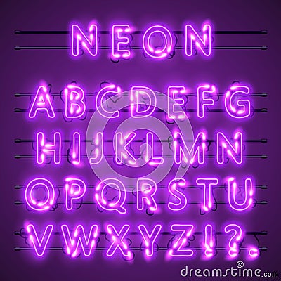 Neon banner text. Neon font city color purple, Alphabet font. Vector illustration Vector Illustration