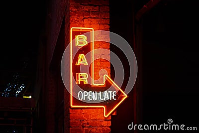 Neon `Bar Open Late` Sign Editorial Stock Photo