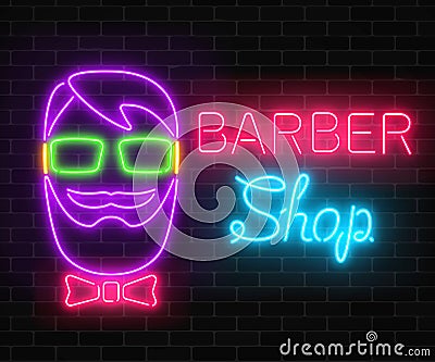 Neon barber shop glowing signboard with hipster man head silhouette on a dark brick wall background. Vector Illustration