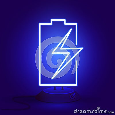 Neon battery with zipper on the stand glows in the dark. Vector Illustration