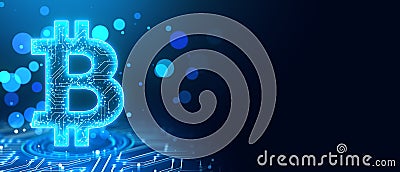 Neon Bitcoin symbol with circuit lines on dark blue background. 3D Rendering Stock Photo