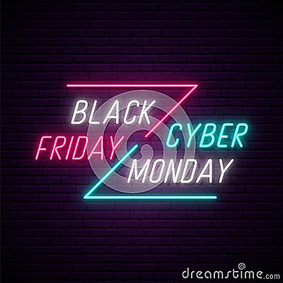 Neon Black Friday and Cyber Monday signboard. Vector Illustration