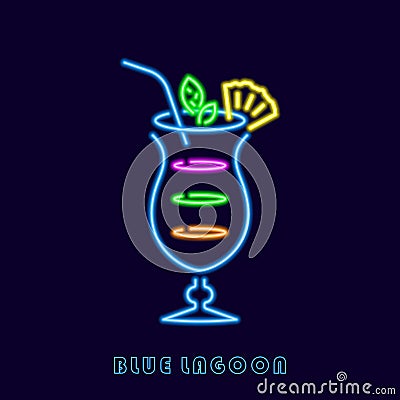 Neon blue lagoon cocktail. Colorful drink in luminous highball Vector Illustration