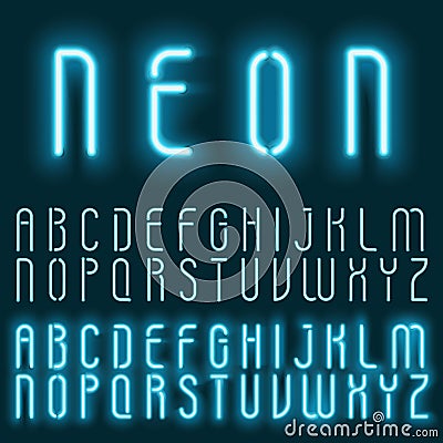 Neon blue light alphabet vector font. Glowing text effect. Neon tube letters on the dark blue background. Vector Illustration