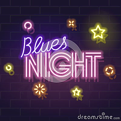 Neon blues night typography. Glowing handwritten lettering on dark background for logo or poster. Isolated vector text. Vector Illustration