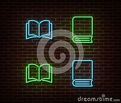 Neon books signs vector isolated on brick wall. Neon open book light symbol. Vector illustration. Vector Illustration