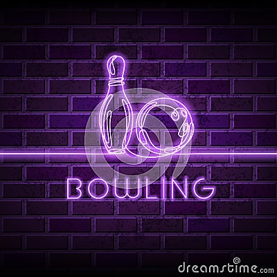 Neon bowling vector illustration. Glowing continuous line drawing of bowling ball, pin on purple brick wall background. Vector Illustration