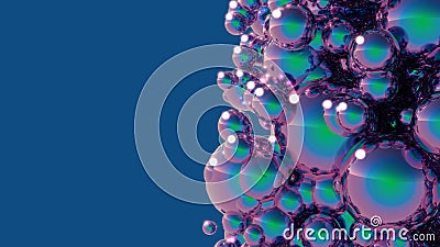Neon Bubbles Close Up. Abstract Geometric Futuristic Background of a Lot of Shiny Iridescent Balls with Copy Space. Stock Photo