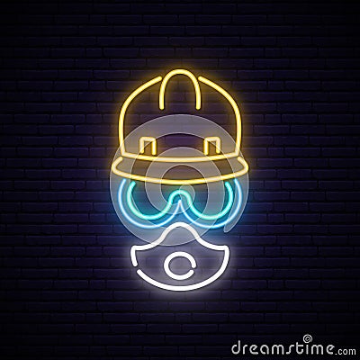Neon builder sign. Man in helmet, respirator and goggles. Vector Illustration