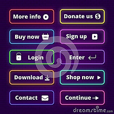 Neon buttons. Glow enter shop web badges. Click lighting frames for site. Modern glowing internet website button. Login Vector Illustration