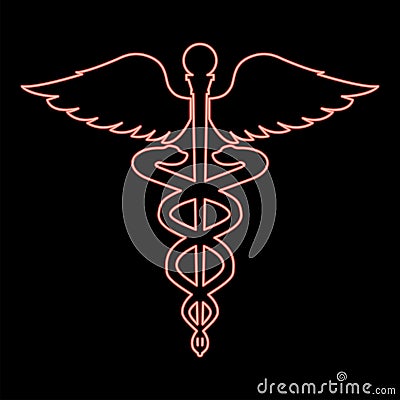 Neon caduceus health symbol asclepius's wand red color vector illustration image flat style Vector Illustration