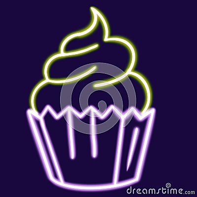 neon cake glowing desktop icon, cupcake neon sticker, dessert neon figure, glowing figure, neon geometrical figures Cartoon Illustration