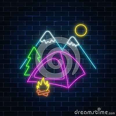 Neon camping sign with tent, bonfire, mountains and spruce. Glowing web banner for summer camp Vector Illustration