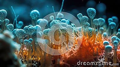 Neon Candida Auris Fungus Close-Up Under Microscope. Medical Research and Education. Stock Photo