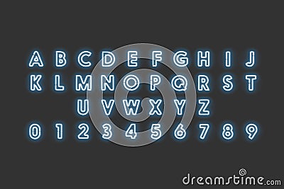 Neon capital letters and numbers, blue glow font Stock Photo
