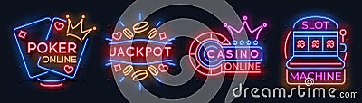 Neon casino banners. Slot machine playing cards lucky roulette gambling signs, online poker game bet. Vector neon casino Vector Illustration