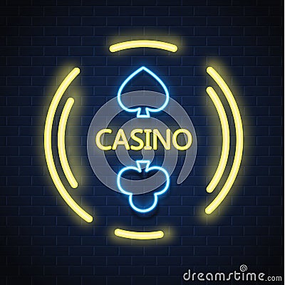 Vector neon casino poker card suit sign brick wall Vector Illustration