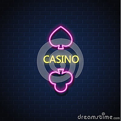 Vector neon casino poker card suit sign brick wall Vector Illustration