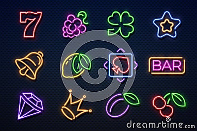 Neon casino signs. Slot gambling machine, playing cards, cherry and hearts, gaming jackpot machine. Vector casino neon Vector Illustration