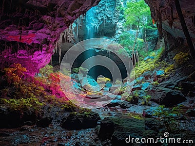 Neon cave entrance beckoning viewer to explore Stock Photo