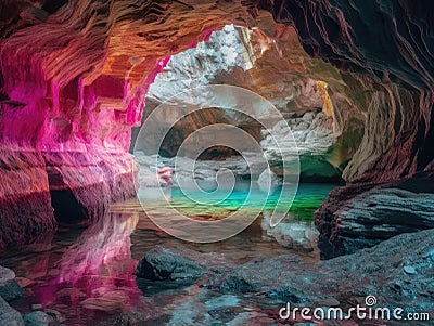 Neon cave entrance beckoning viewer to explore Stock Photo