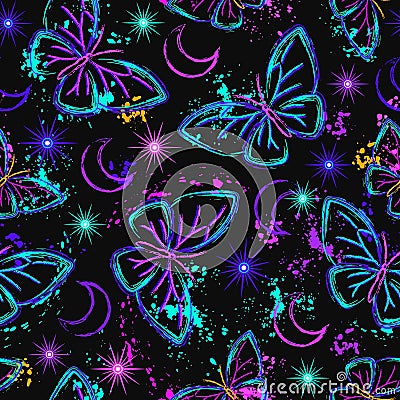 Neon celestial pattern with sun, butterfly Vector Illustration