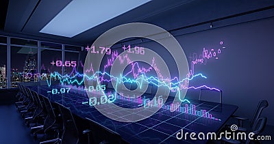 Neon Charts Diagrams of Financial Statistics report Growing on Table in Night Office Stock Photo