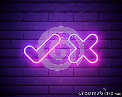 Neon check mark and cross on brick wall. Pink tick and decline symbol isolated on brick wall. Accept and reject. Right and wrong. Cartoon Illustration