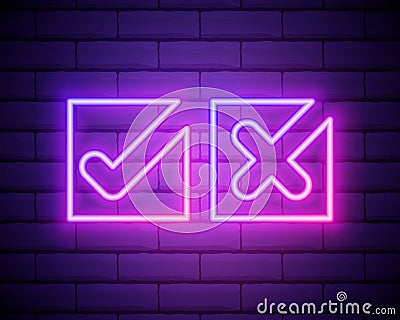 Neon check mark and cross on brick wall. Pink tick and decline symbol isolated on brick wall. Accept and reject. Right and wrong. Vector Illustration
