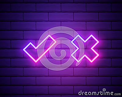 Neon check mark and cross on brick wall. Pink tick and decline symbol isolated on brick wall. Accept and reject. Right Vector Illustration