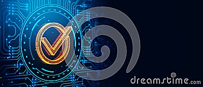 Neon checkmark symbol with digital circuit background. 3D Rendering Stock Photo