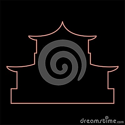 Neon chinese house silhouette Traditional Asian pagoda Japanese cathedral Facade red color vector illustration image flat style Vector Illustration